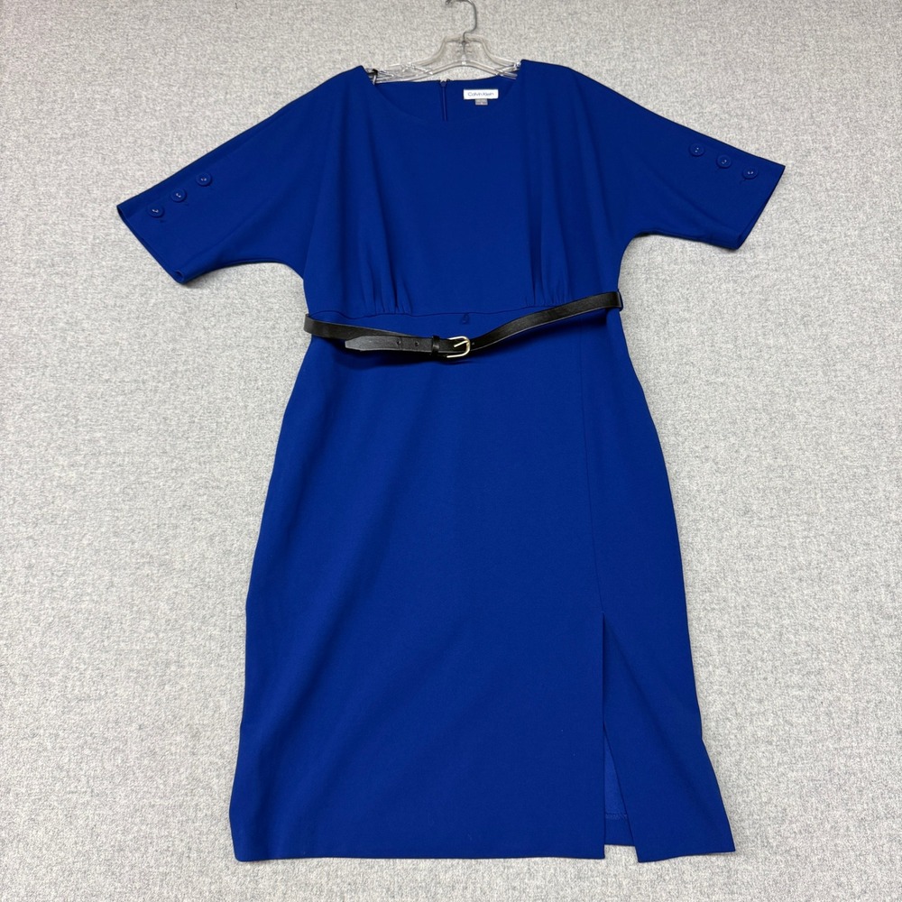 Calvin Klein Sheath Dress 14 Royal Blue Belted Short Sleeve Button Detail Slit
